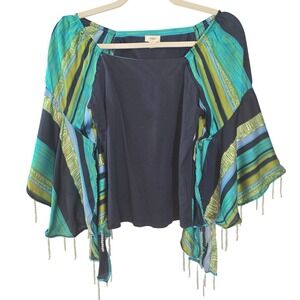 Anthropologie TINY Navy Blue Boho‎ Bell Sleeve Top Beaded Fringe Striped XS